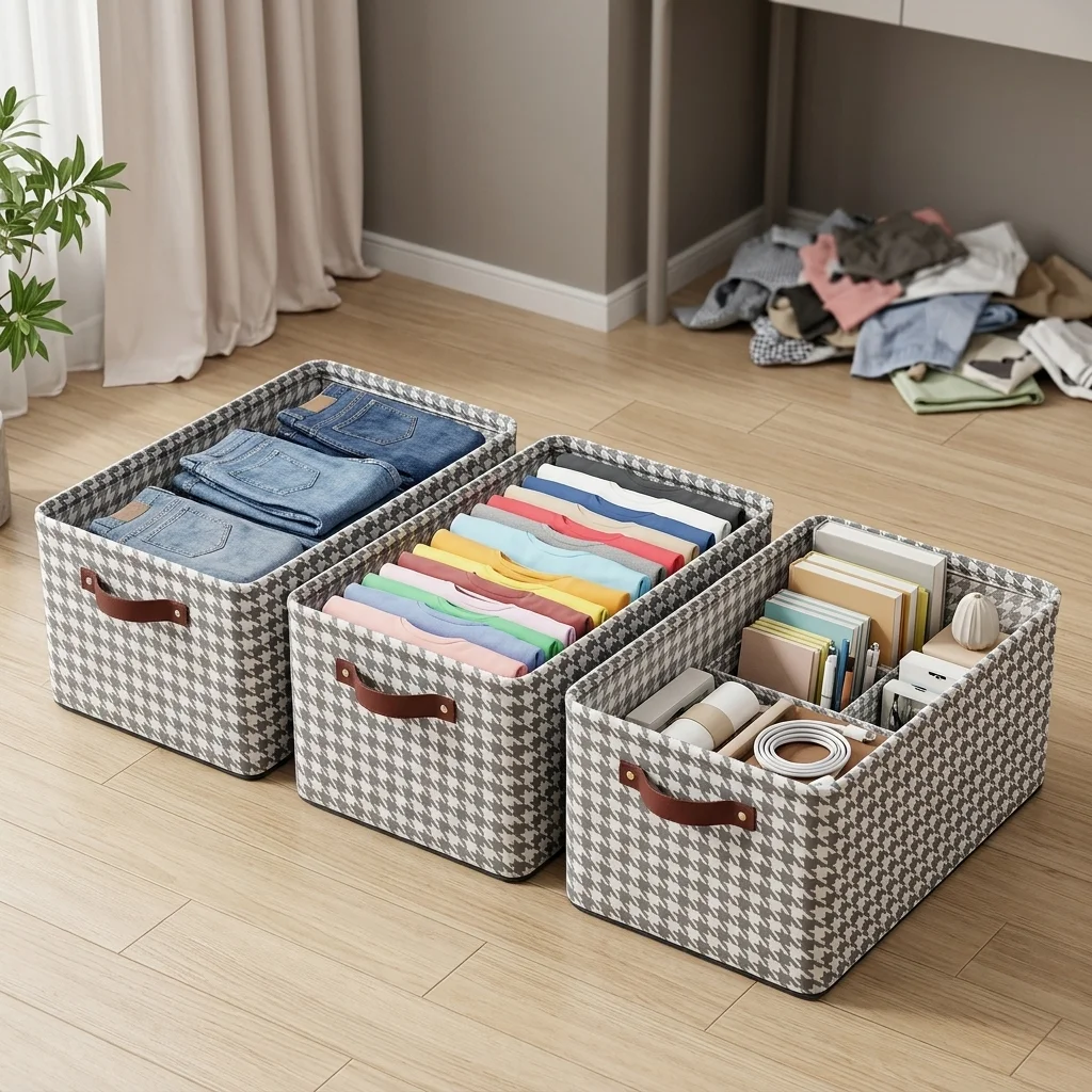 Thousand Bird Grid Fabric Storage Basket Drawer style Multi functional Storage Suitable for Clothing and Blanket Storage