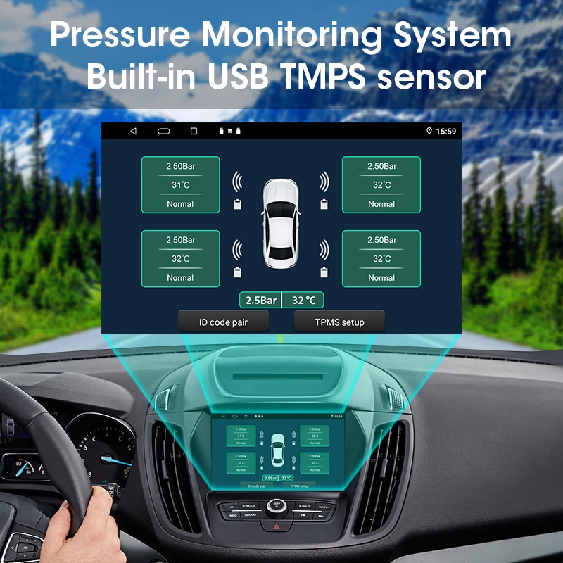 JMCQ USB Android TPMS sistema di monitoraggio della pressione dei pneumatici Display sistema di allarme interno esterno 5 sensori per Radio di