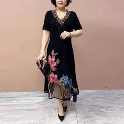Folk Floral Embroidery Midi Dress Stylish Diamonds Summer Short Sleeve Vintage A-Line Women's Clothing Elegant V-Neck Dresses