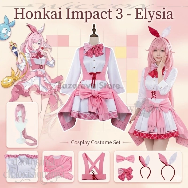 

Anime Game Honkai Impact 3 Crossover Cosplay Elysia New Outfit Pink Kawaii Maid Uniform Jirai Kei Styles Mini Dress Halloween