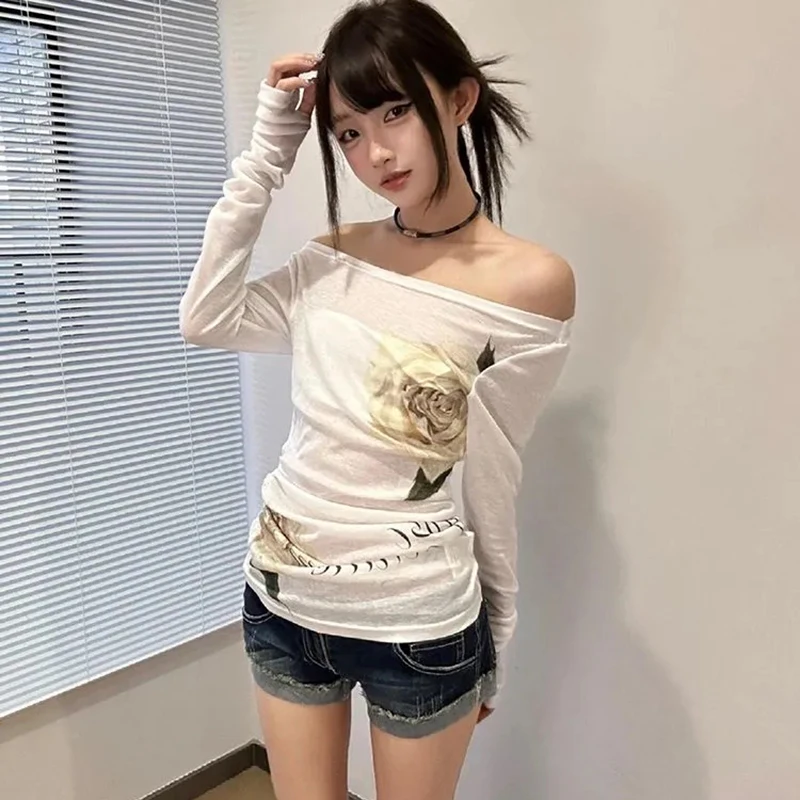 

Korean Sexy Floral Print Tee Women Long Sleeve Off Shoulder Slim White Blouse Vintage Classic Simple Harajuku Y2K T Shirt