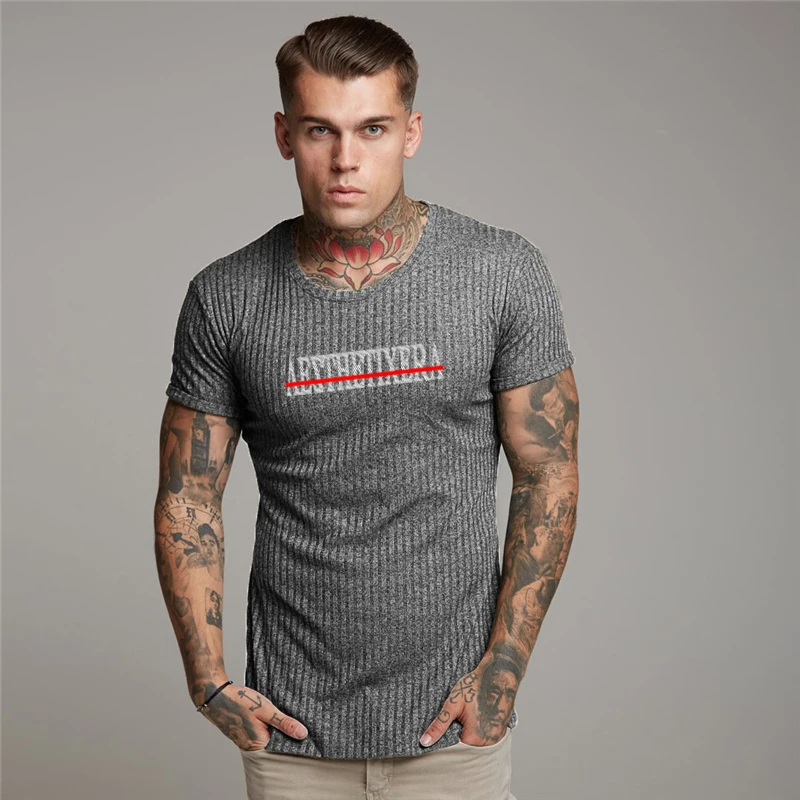 

Gym Fitness Bodybuilding Workout T-shirt Men Short Sleeve Knitted Stripe Shirts Slim Breathable Quick Dry Summer Sport Clothing