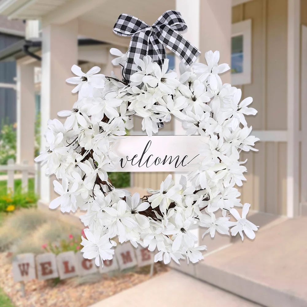 Plaid Dogwood Fresh Garland for Easter Home Decoration, White Artificial Cloth, Independent Station, Door Hanging