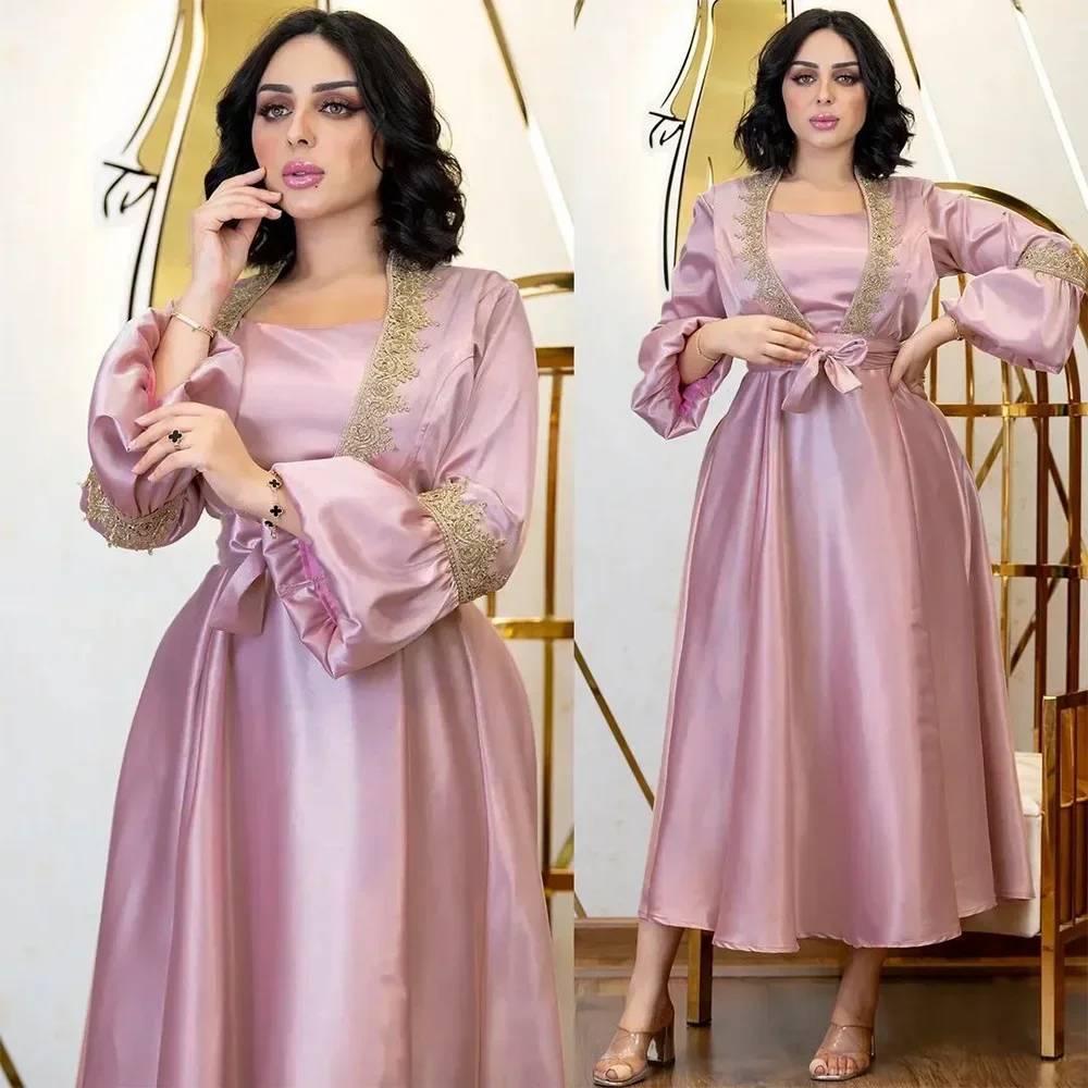 

Imitation Silk Belted Dress Fake 2pcs Gown Middle East Lace Applique Evening Dress Muslim Lantern Sleeve Robe Dubai Arab Kaftan