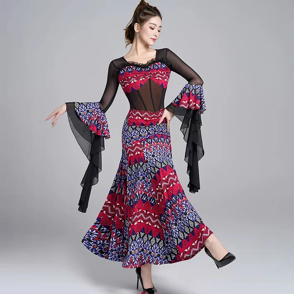 Women Ballroom Dance Dress Geometric Print Square Neck Flare Sleeve Waltz Social Practice Fall Winter Big Swing Costumes
