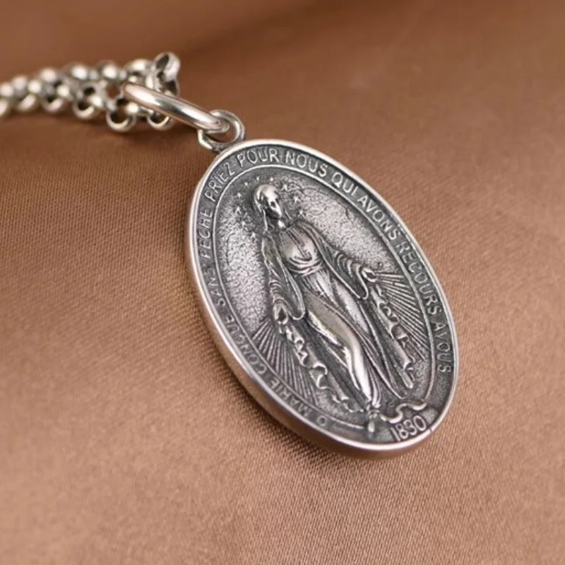 

NEW S925 Sterling Silver Pendants for Men Women 2022 New Fashion Virgin Mary Cross Oval Argentum Protective Amulet Jewelry