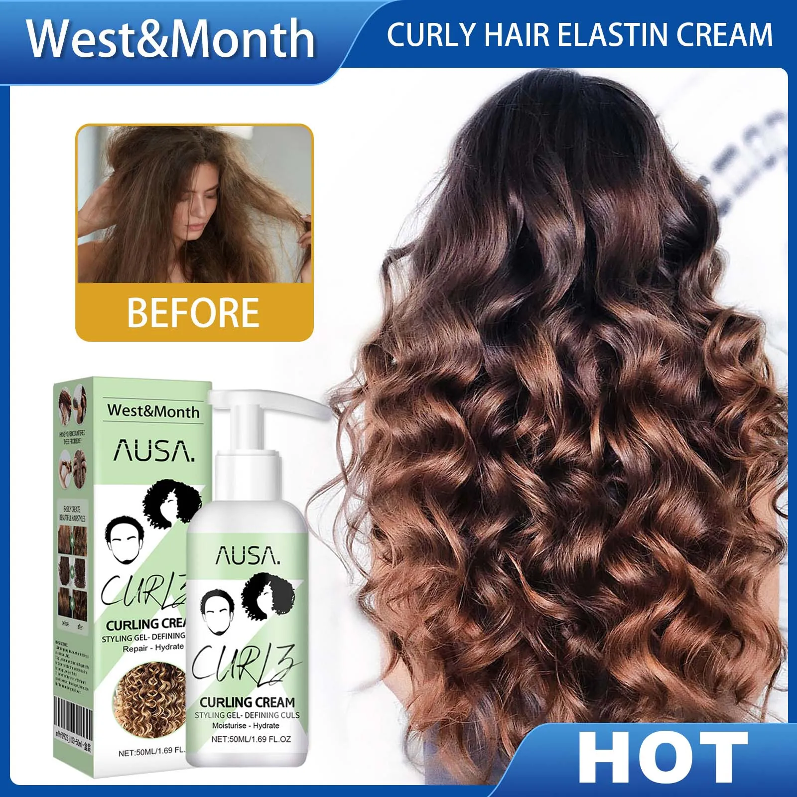 

Западной месяц, 50 мл, кератиновый эластин для вьющихся волос, улучшающий блеск волос, предотвращает сухость, увлажняет, увлажняет форму, естественный объем, состояние