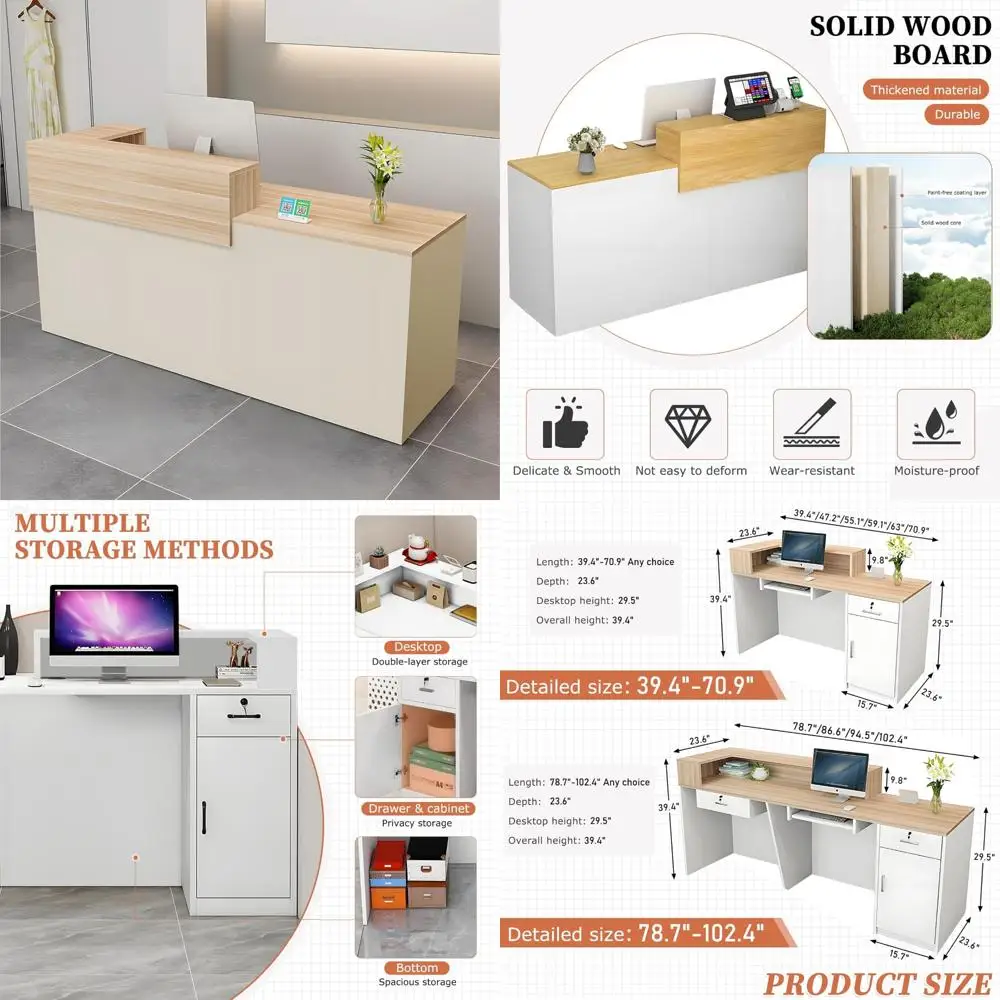 Salon & Office Computer Workstation Desk with Drawers and Open Shelves, 39-95 Inch Front Counter, Modern Reception Area Furnitur