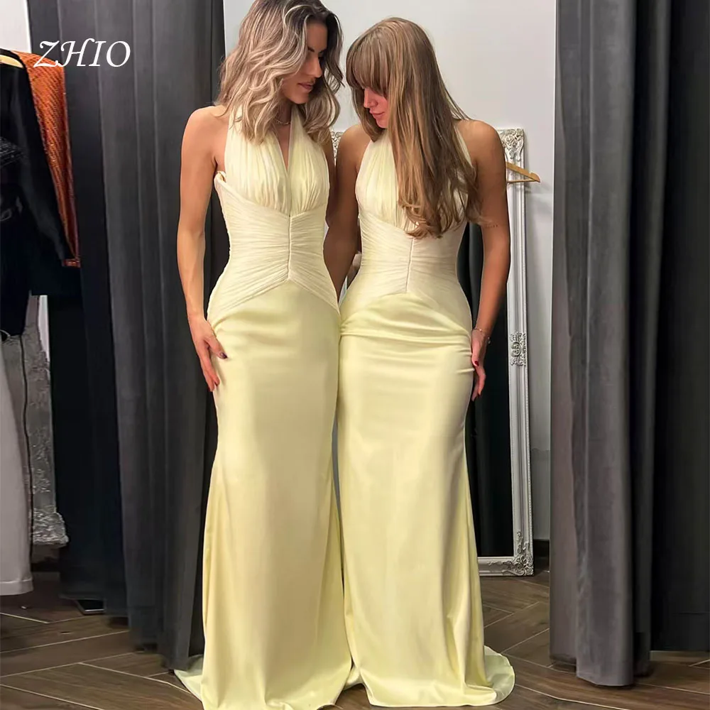 

ZHIO Elegant Lemon Satin Evening Dress Halter Pleat Mermaid Formal Occasion Party Prom Gown Custom Woman فساتين سهرة