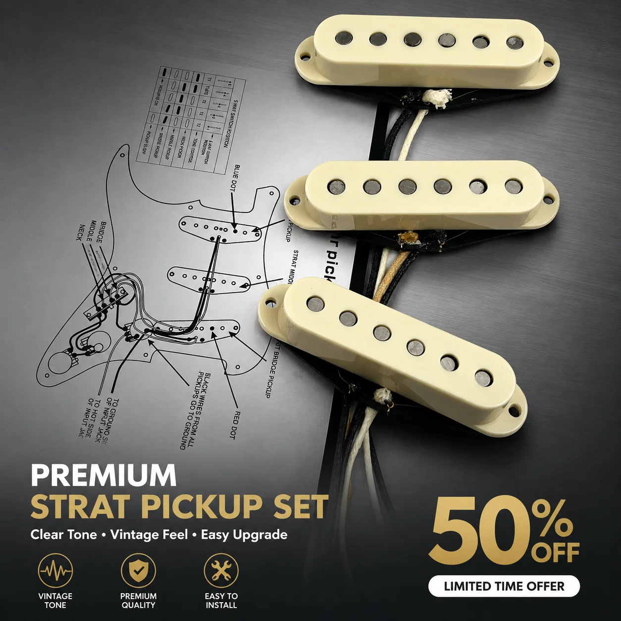 Custom 1960s Strat Style Pickup Set Vintage Alnico 5 Single Coil Electric Guitar Humbucker Replacement Aged Chrome Cover