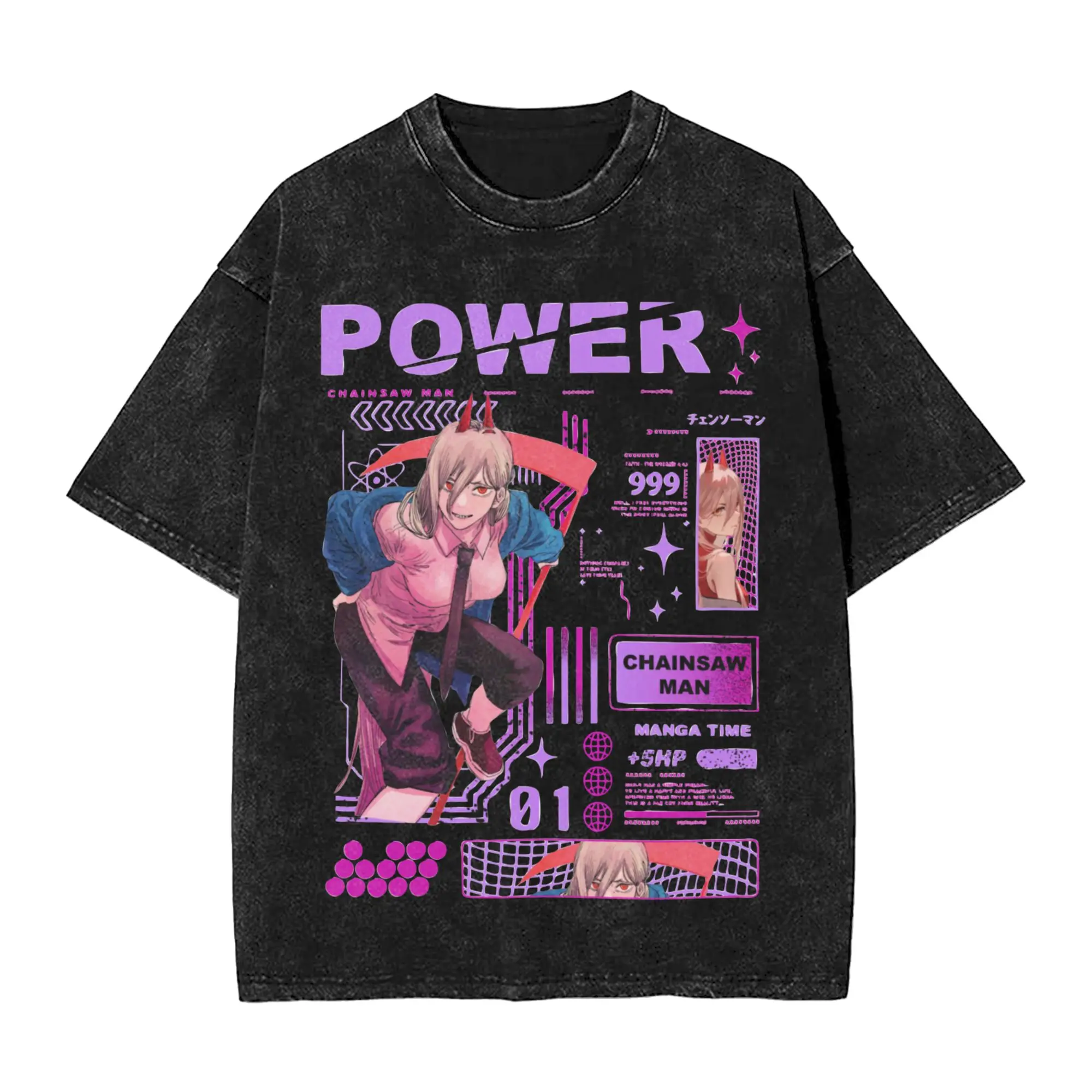 Power Chainsaws Man Anime Vintage Washed T Shirt Unisex Cotton Clothes Hip Hop  Round Neck Short Sleeve