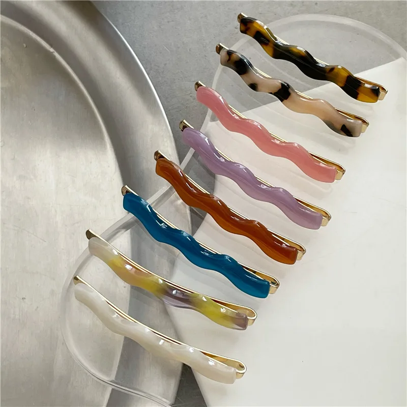 1pair Fashion Korean Acetic Acid Hair Clip  Thin Wavy Shape Acrylic Barrette Simple Solid Color Side Hair Clip Women New Hairpin