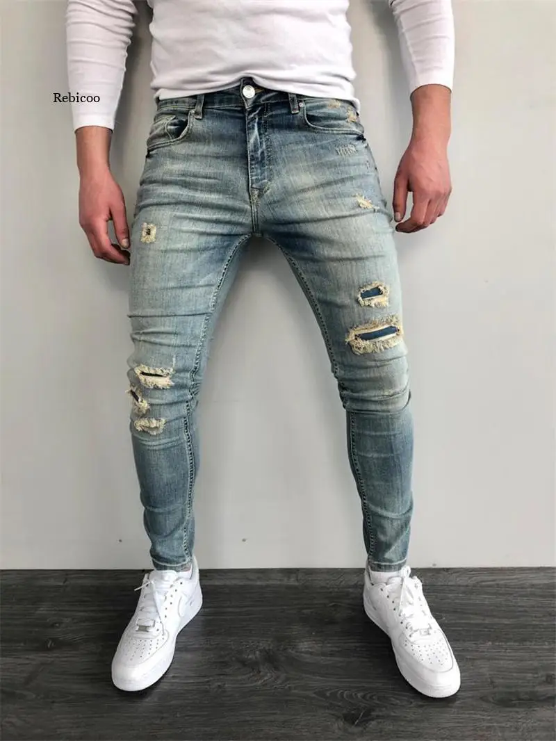 Streetwear Fashion Black Ripped Jeans Men Skinny Slim Fit Blue Hip Hop Denim Trousers Casual Jeans for Men Jogging