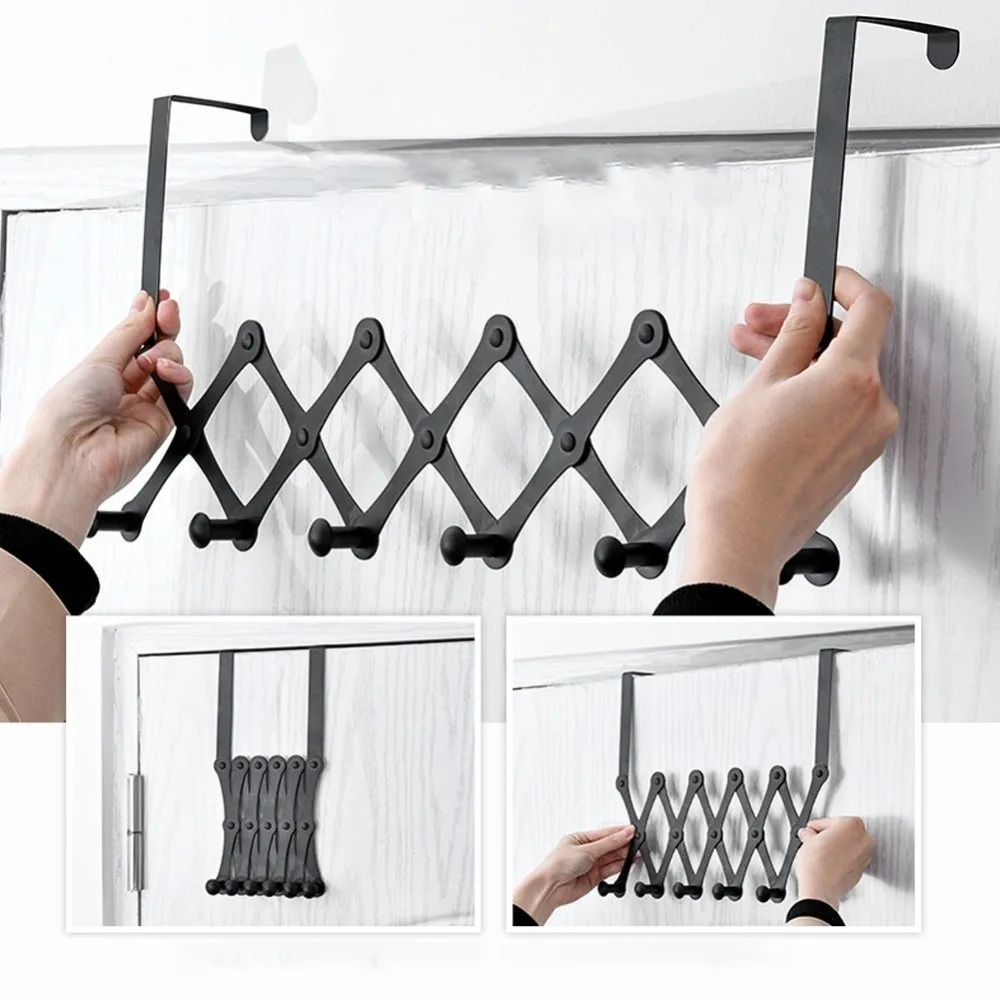 Stainless Steel Over Door Hook Durable Silver Black Door Hanging Rack Telescopic No-Drill Installation Folding Door Hanger