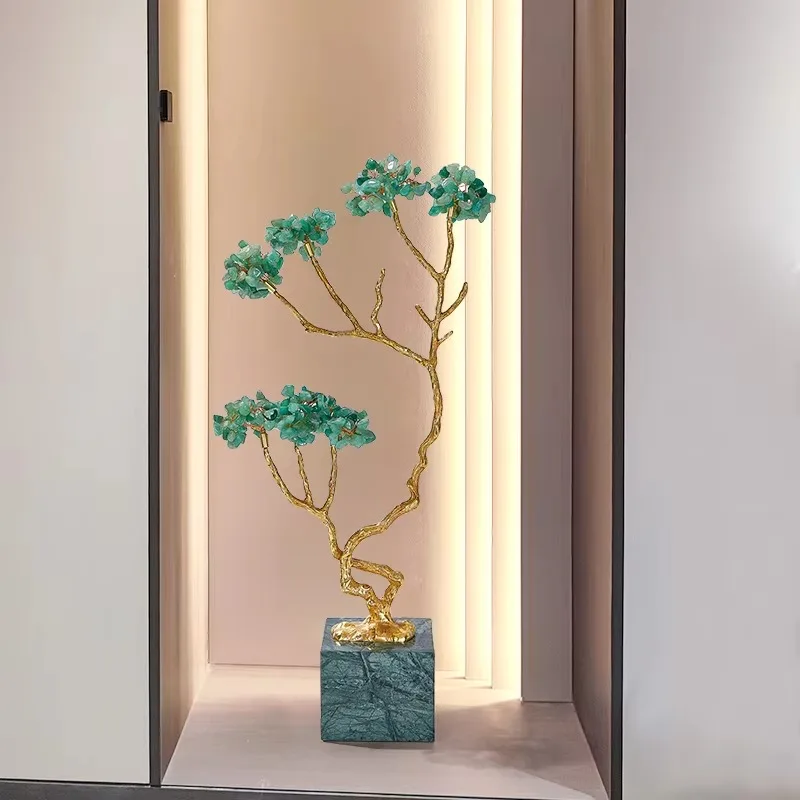 

Twisted Branch Tree Figurine Cluster Translucent Chip Foliage Square Veined Stone Base Entryway Floor Static Decor Craft