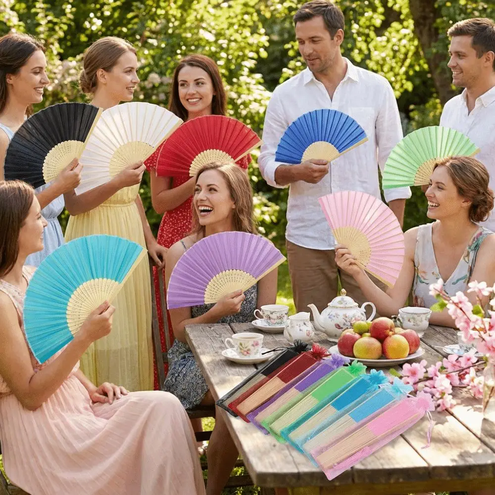 Chinese Style Folding Fan Cooling Tool with Organza Bag Bamboo Hand Fan Wear Resist with Tassel Silk Hand Fan Party Decoration