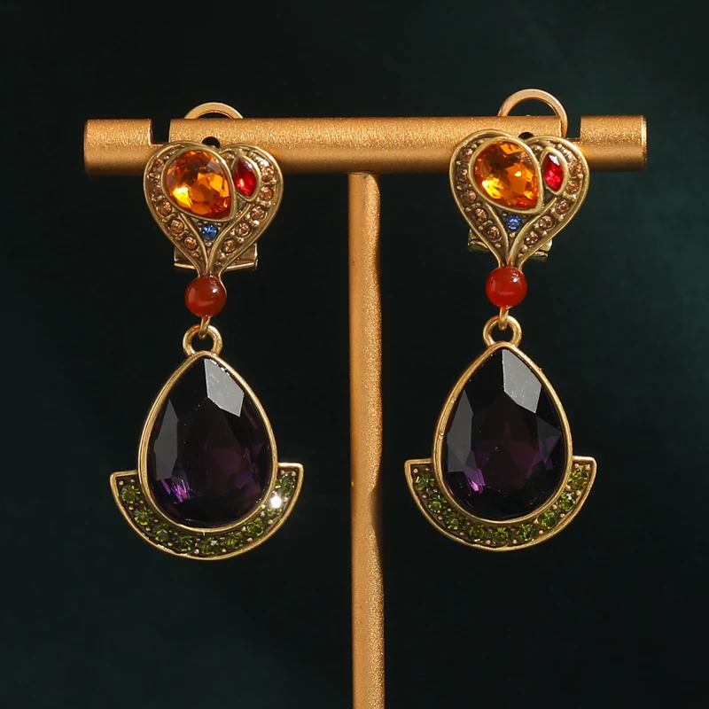 

Vintage Purple Crystal Colored Rhinestones Water Drop Earrings Peach Heart Earrings Antique Jewelry Gold Color for Woman Luxury