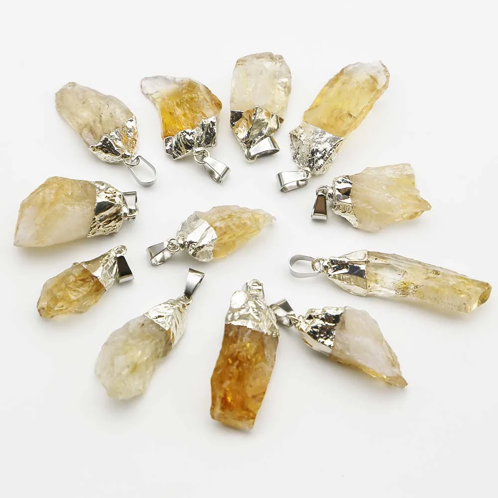 Fashion Natural Raw Ore Irregular Topaz Pendant Yellow Crystal Plating Silver Necklace Charm Jewelry Accessories Wholesale 10Pcs