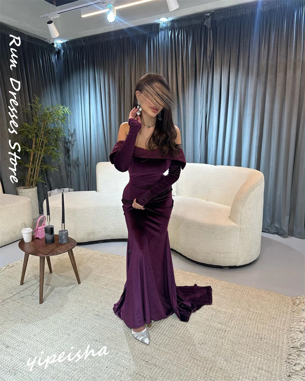 Customized Elegant Off-the-shoulder Mermaid Sweep/Brush es Rhinestone Velour evening gown vestidos de ocasión formales فستان سهر