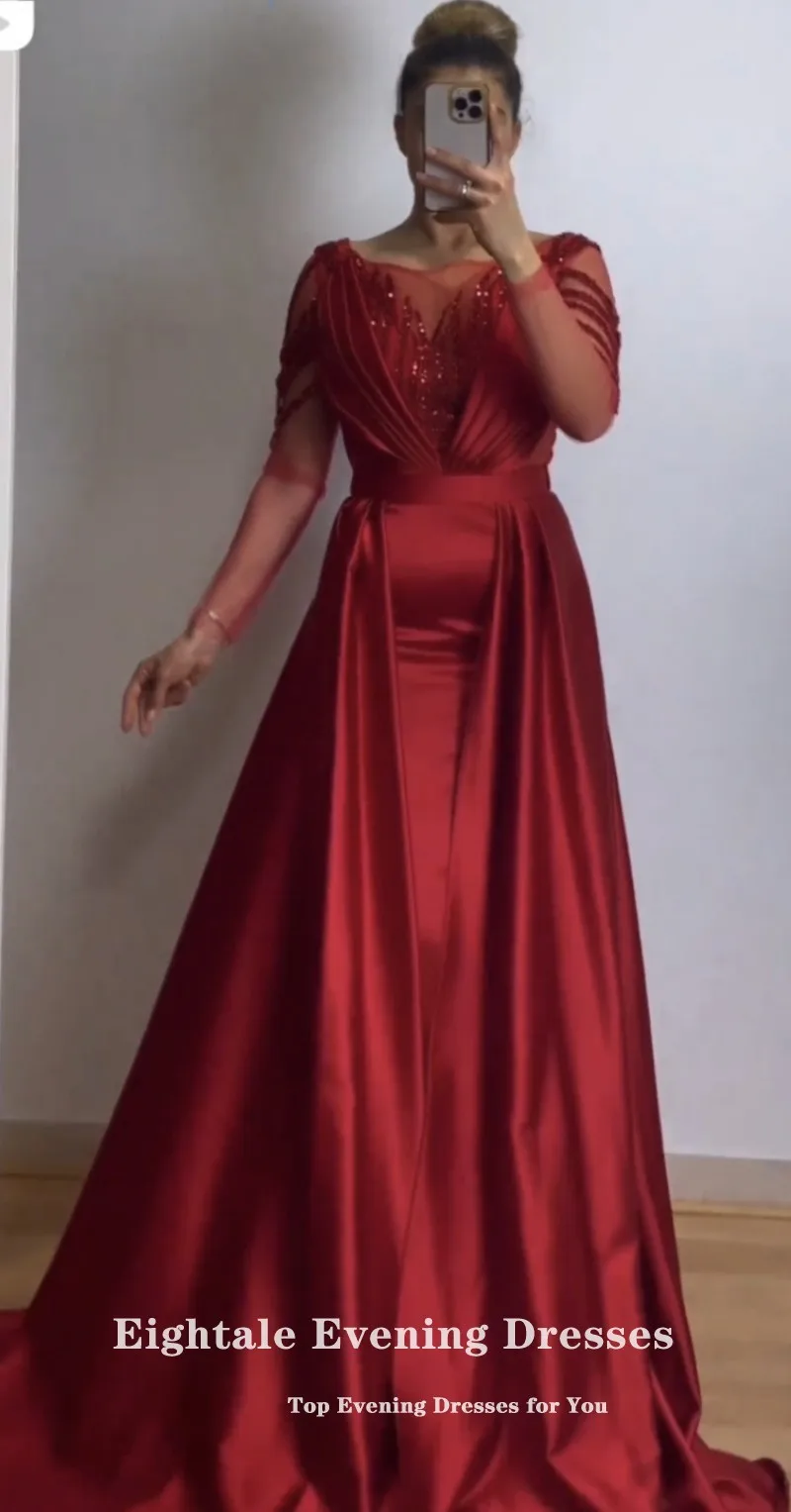 Eightale Elegant Prom Dresses Scoop Beaded Long Sleeves A-Line Satin Customized Red Evening Party Gowns luxo para festa de gala