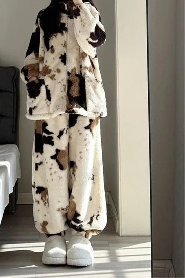 

Brown Sleepwear Women's Winter New Style with Added Velvet Thickened Warm Zipper Home Suit Set