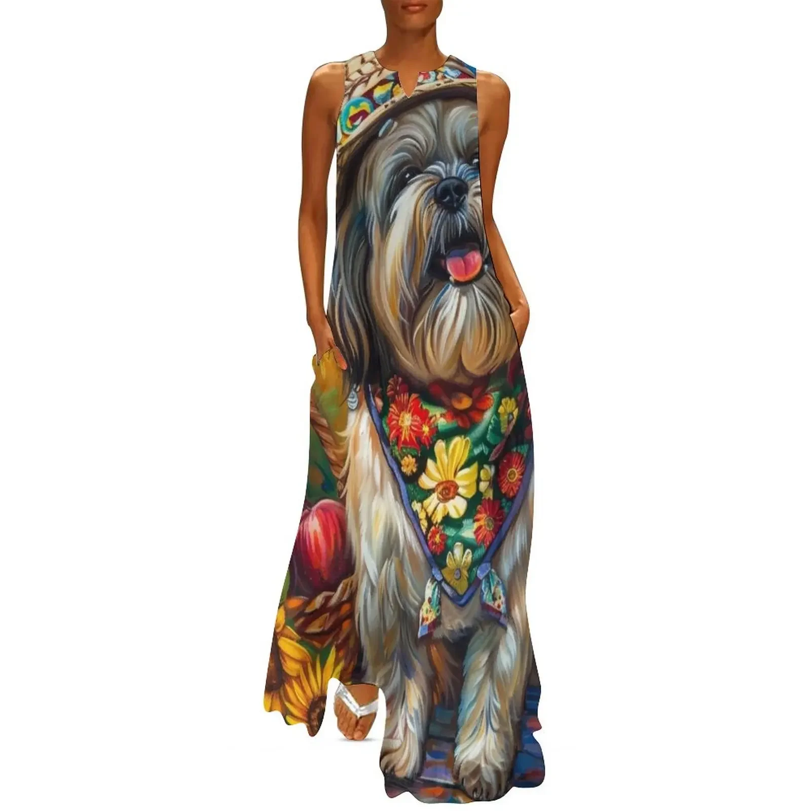 

Blanket Buddy: Portrait of a Picnic Shih Tzu Long Dress Dress woman women dresses beach dresses Dress