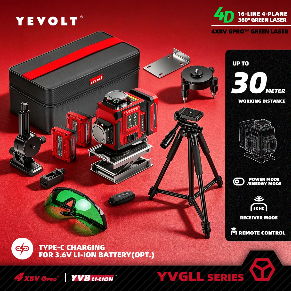 YEVOLT 4D 16-Linien Grüner Laser-Nivellierer 360° Horizontal und Vertikal für Heimwerker, Deckenverkleidung, Wandfliesen, Schrankmontage