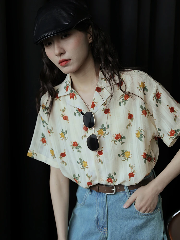 Nuovo cinese Sle Rose Print Bla ort Sve da donna estivo leggero in chiffon irt Vintage Hong Kong Sle Top