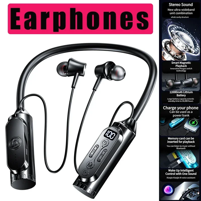 Earphones 12000mAh In-ear/Semi-in-ear Bluetooth Headset Magnetic Switch Pause Play Neck Hanging Dual Device Connection Earbuds