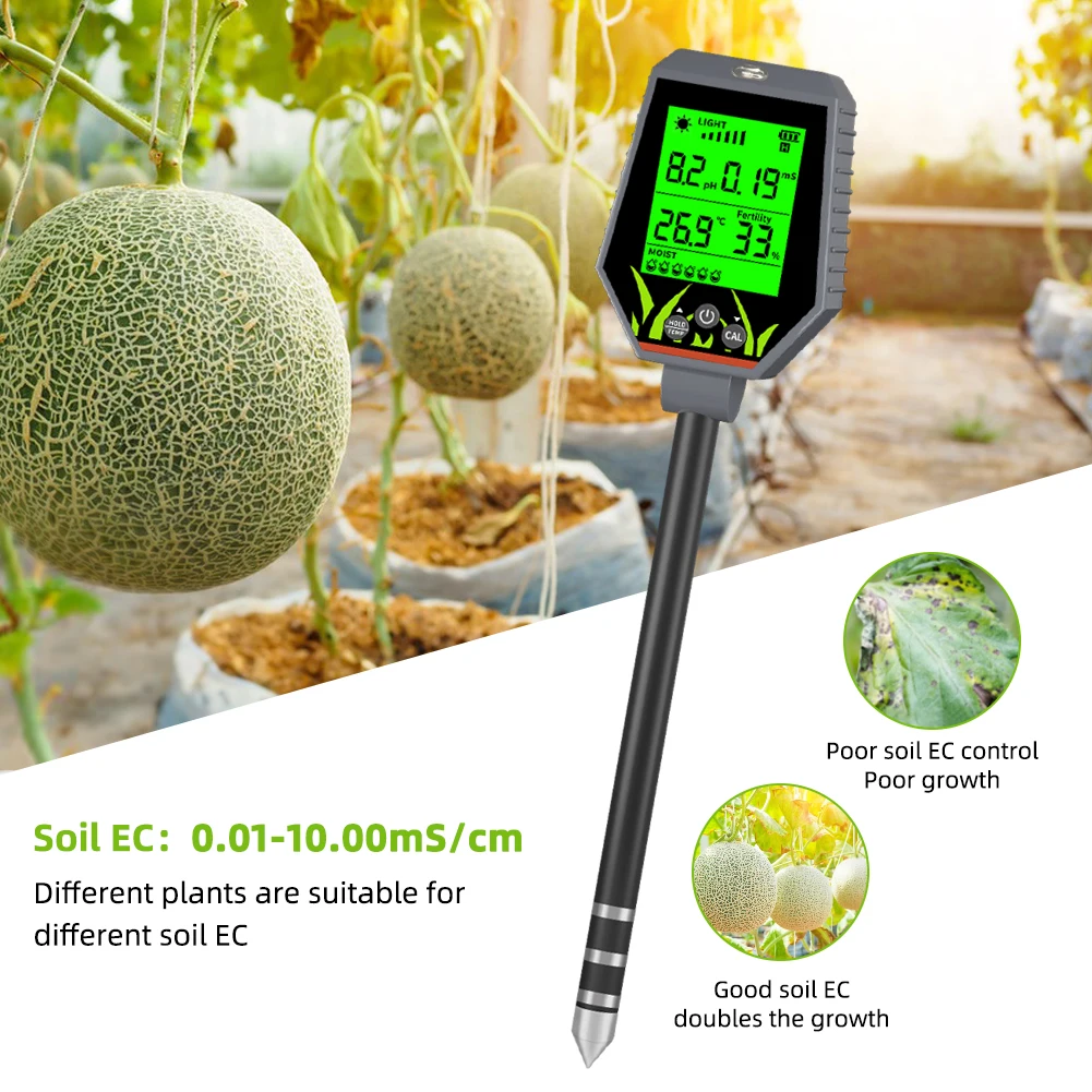 Digital 6 in 1 Multifunctional Soil PH EC Meter Farm Garden Fertility Moisture Test Detector Sunlight Monitor for Flower Plants