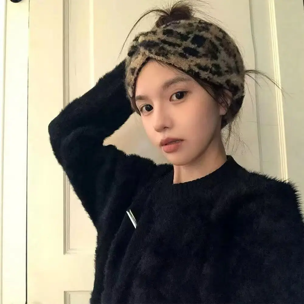 

Широкая повязка на голову с леопардовым принтом, мягкий объемный вязаный тюрбан, высокоэластичная теплая повязка-ободок для рукоделия