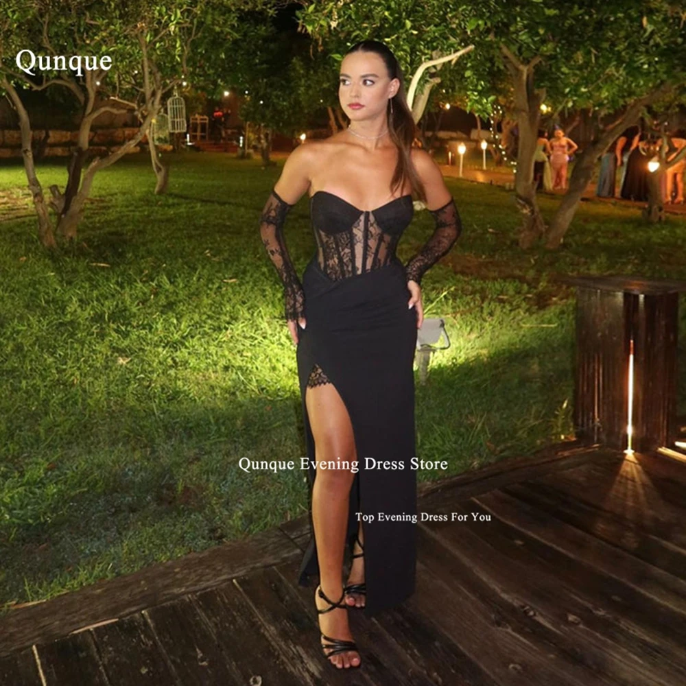 

Qunque New Black Formal Dress Detachable Sleeves Prom Dress Satin Mermaid Evening Dress High Split Sweetheart Lace Party Dress