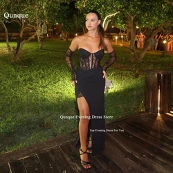 Qunque New Black Formal Dress Detachable Sleeves Prom Dress Satin Mermaid Evening Dress High Split Customized Lace Party Dress