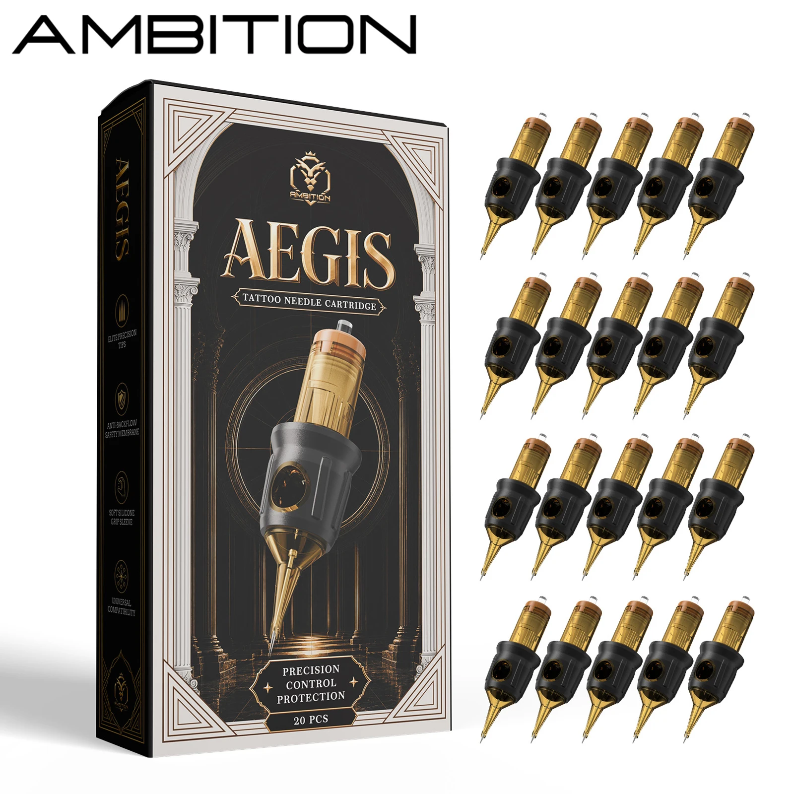 Ambition AEGIS 20PCS RL RS RM Cartouches d'aiguilles de tatouage mixtes Round Liner Shader Curved Magnum SMP, fournitures jetables pour machine à tatouer