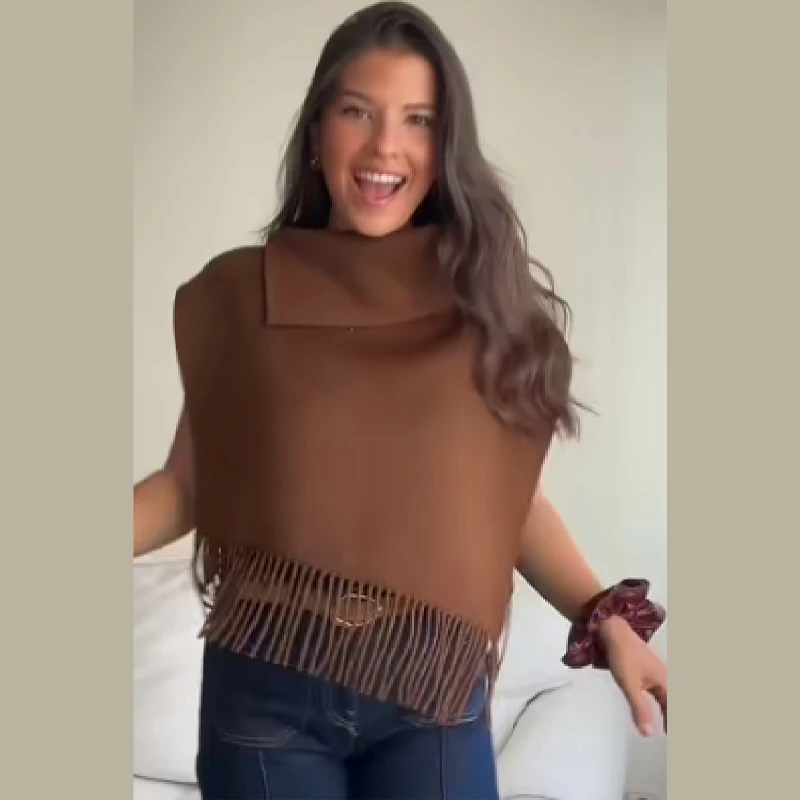 

Solid Tassel Shawl for Women High Neck Sleeveless Soft Cape Top Irregular Hem Losse Cloak Jacket 2025 New Autumn Lady Shawls