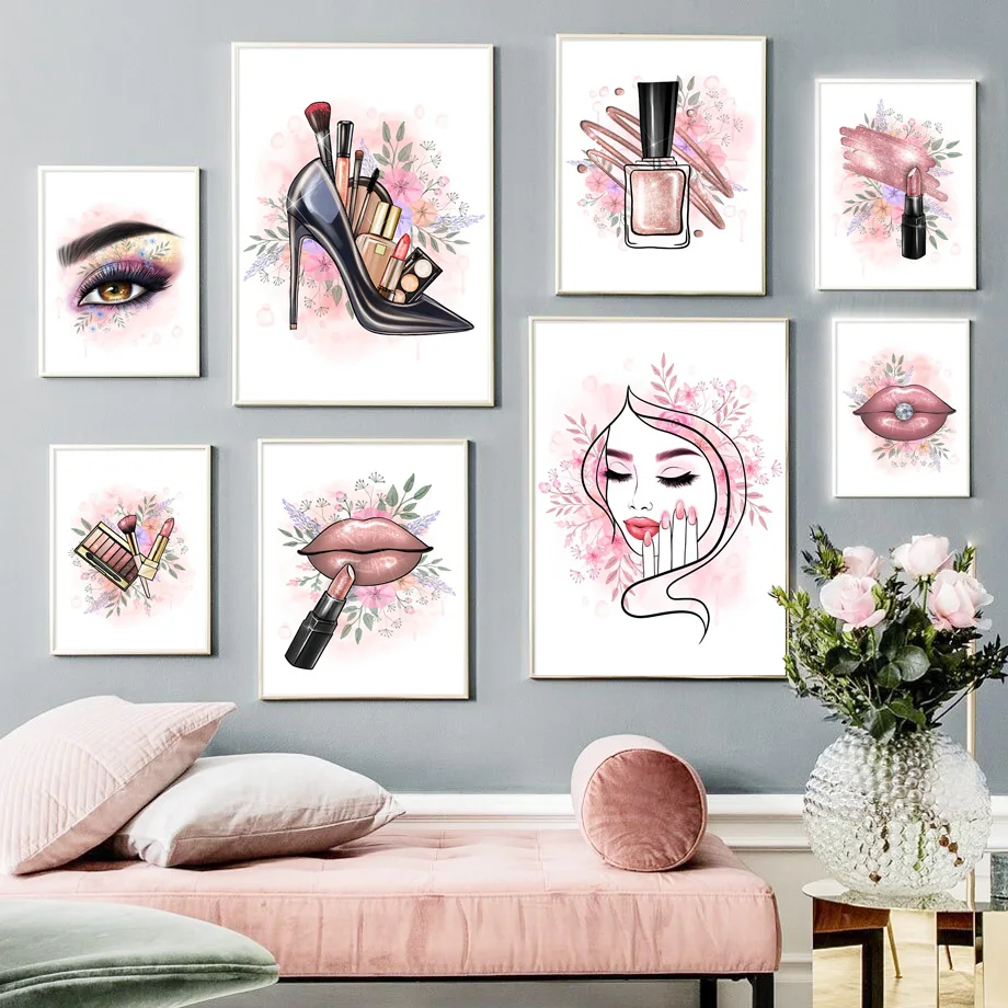 Manicure Shop Beauty Salon Wall Art Mural Canvas Painting Cosmetics Nail Polish Lipstick Poster Print Pictures Living Room Decor