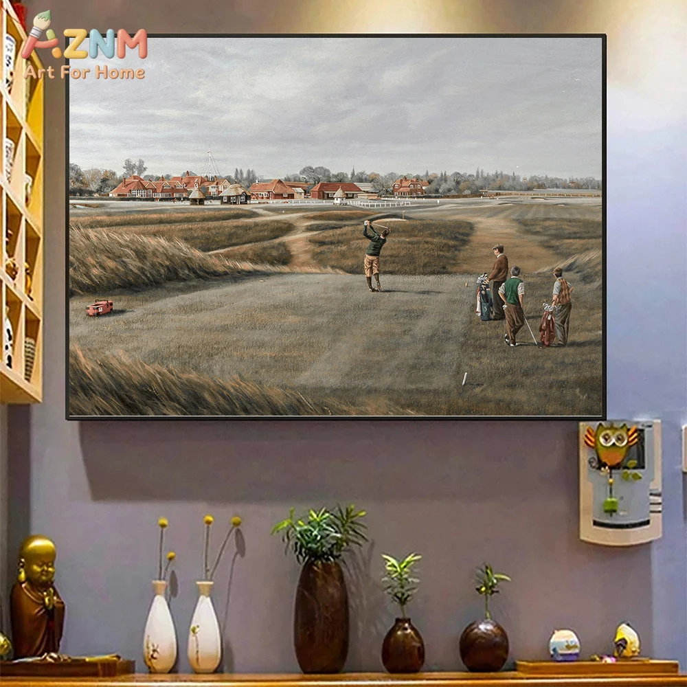 AZNM Vintage Golf Course Landscape Oil Painting Wall Art Canvas Print Unframed Coastal Links Scenery Poster For Man Cave Office