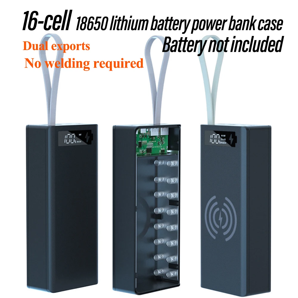 Detachable No‑Welding 16 Cells 18650 Battery Mobile Power Supply Kit Power Bank Kit QC Fast Charge Wireless Charging Function