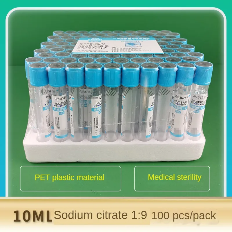 멸균 진공 혈액 수집 튜브, 1:9 혈액 샘플 수집 용기, 구연산 나트륨 첨가제, 10 ml, 100 / PK