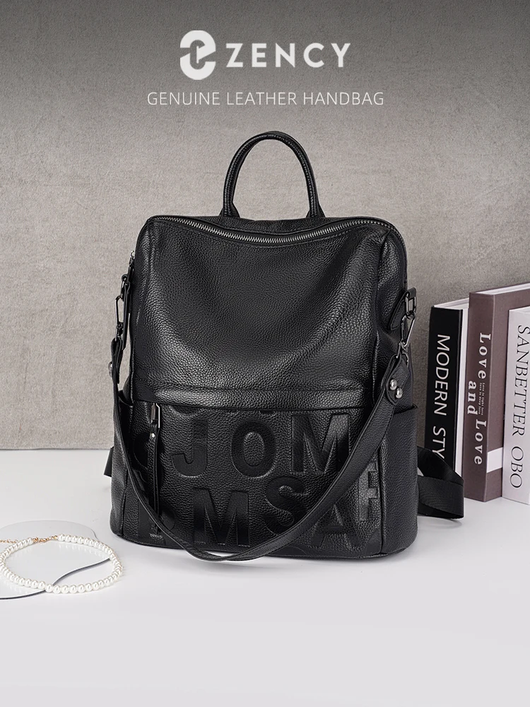 Zency Premium Genuine Leather Letter Backpack Multi-pocket Day Pack Travel Convertible Shoulder Bag for Fall Winter Black Grey