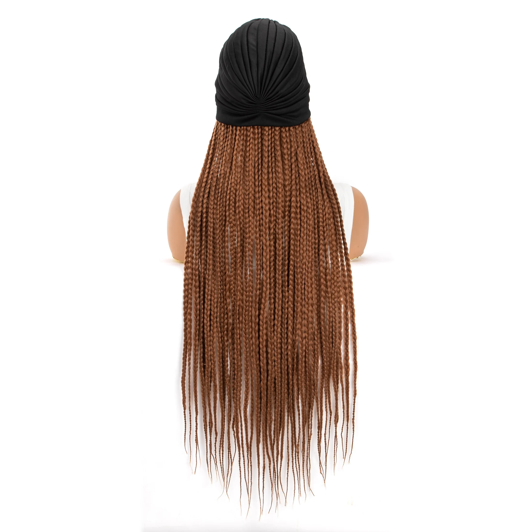 WIGERA Long Brown Braided Synthetic Wigs With Elastic Band Headband And Turban Hat Box Braiding Hair Extensions For Women