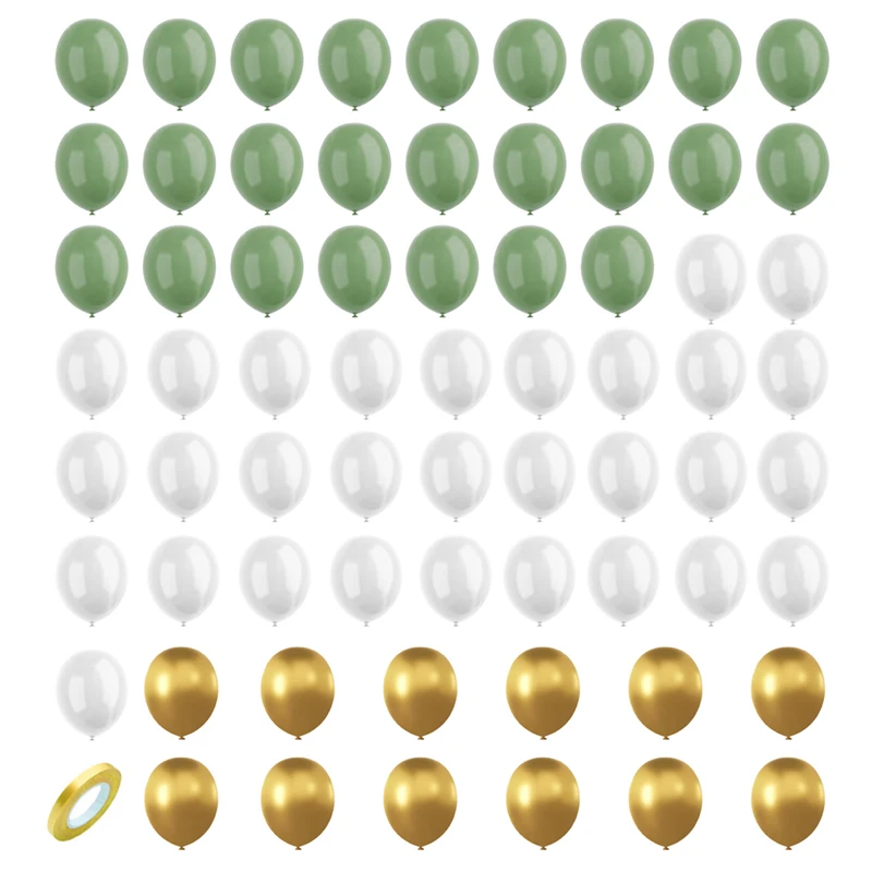 BMBY-Sage Green And Gold Balloons, 67Pcs 12 Inch Sage Green Gold White Gathering Balloons For Birthday, Wedding