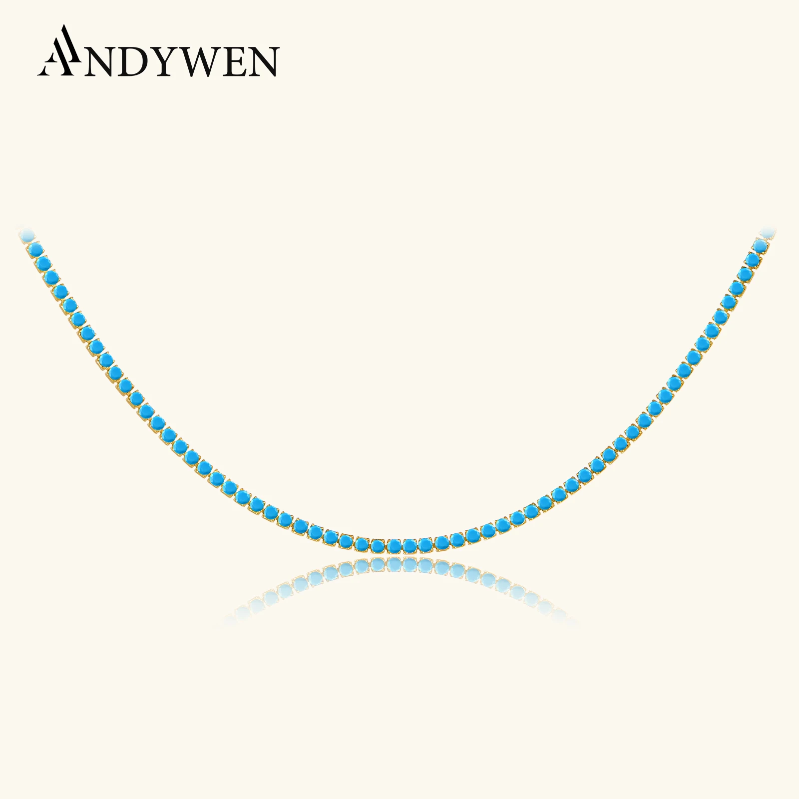 

ANDYWEN Стерлингового Серебра 925 пробы Золото 2 мм Бирюзовый Теннис CZ Цепочка Ожерелье Летняя Длинная Цепочка Колье Кристалл Роскошные Изящные Ювелирные Изделия