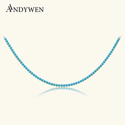 ANDYWEN 925 Sterling Silver Gold 2mm Turquoise Tennis CZ Chain Necklace Summer Long Chain Choker Crystal Luxury Fine Jewelry