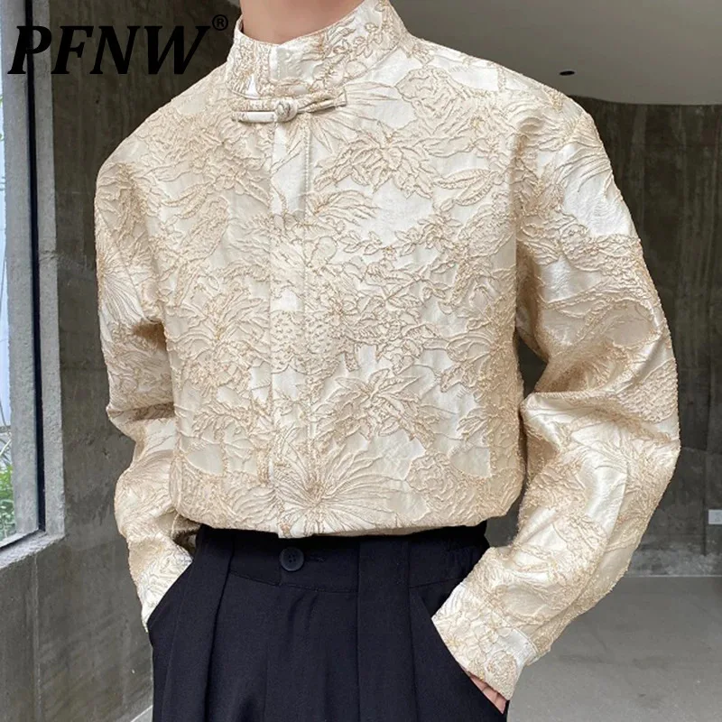 

PFNW Stand Collar Male Shirt Vintage Knot Button Jacquard Design Men Shirts Chinese Style Men's Wear Spring New Fashion 9C4529