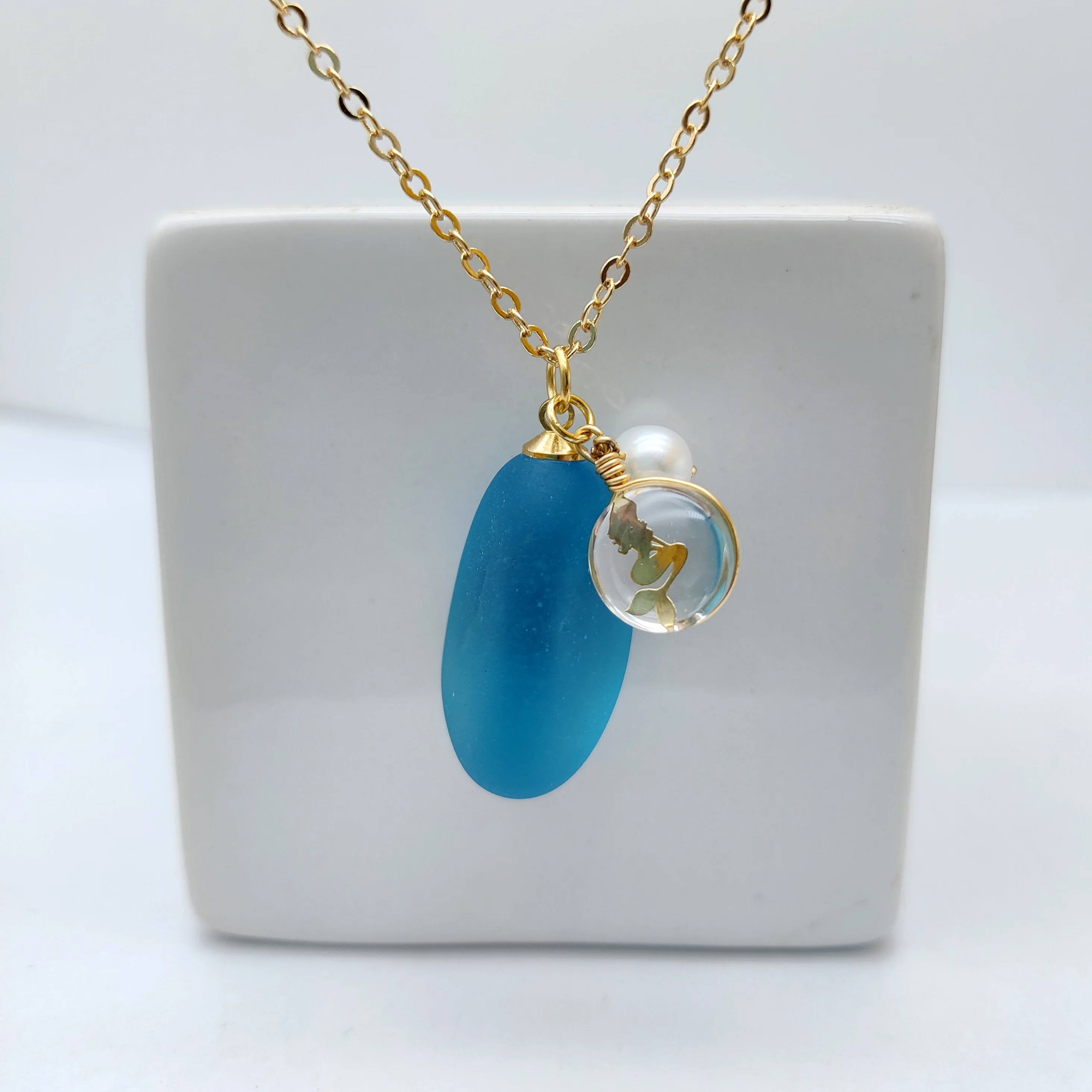 Blue Sea Glass Mermaid Freshwater Pearl December Birthstone Pendant Gold Color Chain Long Necklace Women Boho Jewelry Handmade