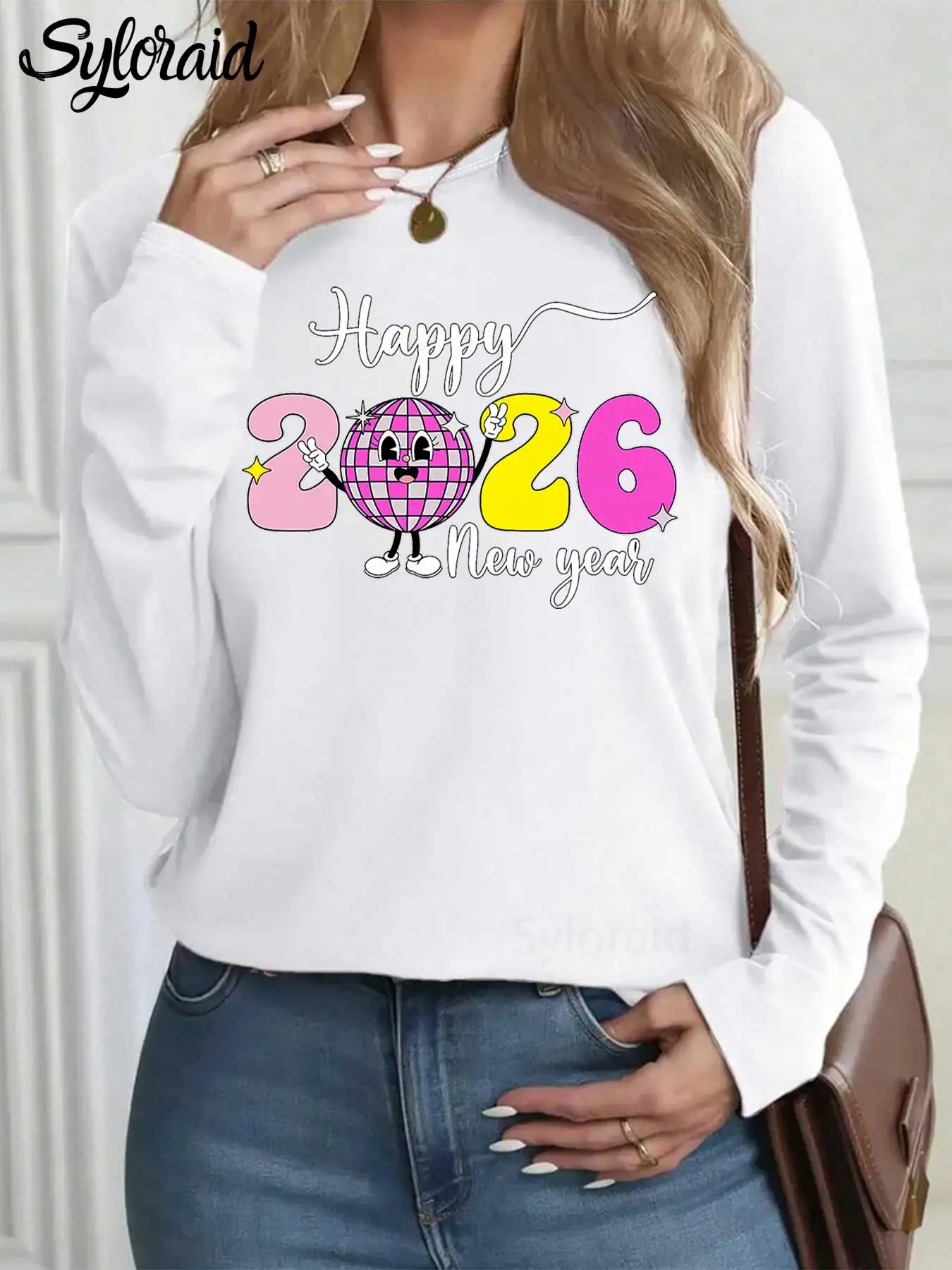 

Women's Long Sleeve T Shirt "Happy New Year 2026" Disco Ball Print T Shirt Fashion Round Neck Casual Top