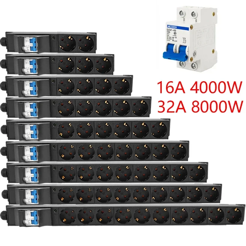 

EU Power Strip 2-10 Ways Outlet Socket 4000/8000W 16A/32A Air Switch LED Aluminum Alloy Network Cabinet Rack Socket