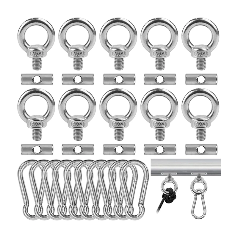 Top!-10PCS Awning Rail Stoppers 6Mm With 10 Carabiners, 304 Stainless Steel Rv Awning Hooks For Lights Camping Awning