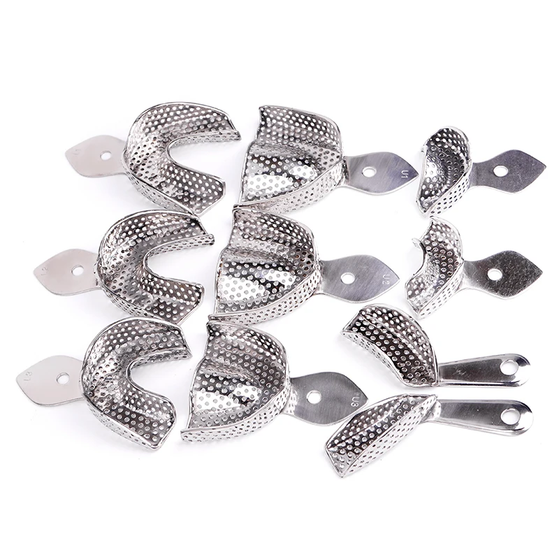 2pcs Dental Impression Tray with Hole  Stainless Steel Autoclavable Upper Lower Teeth Holder Perforated Plaster Mold Tray
